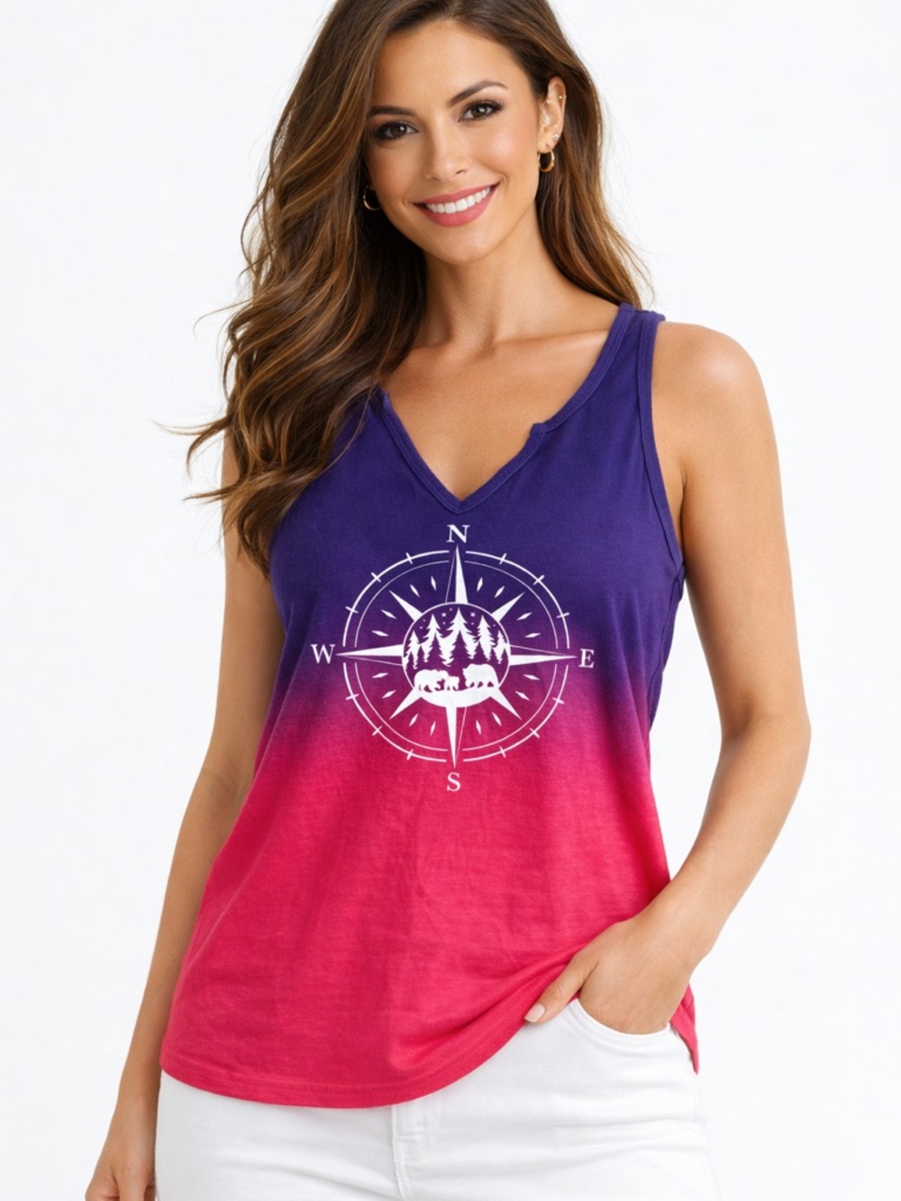 Purple to Pink Ombre Compass Graphic Tank Top